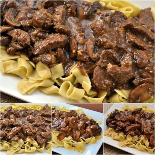 BEEF TIPS, EGG NOODLES AND CREAMY GRAVY